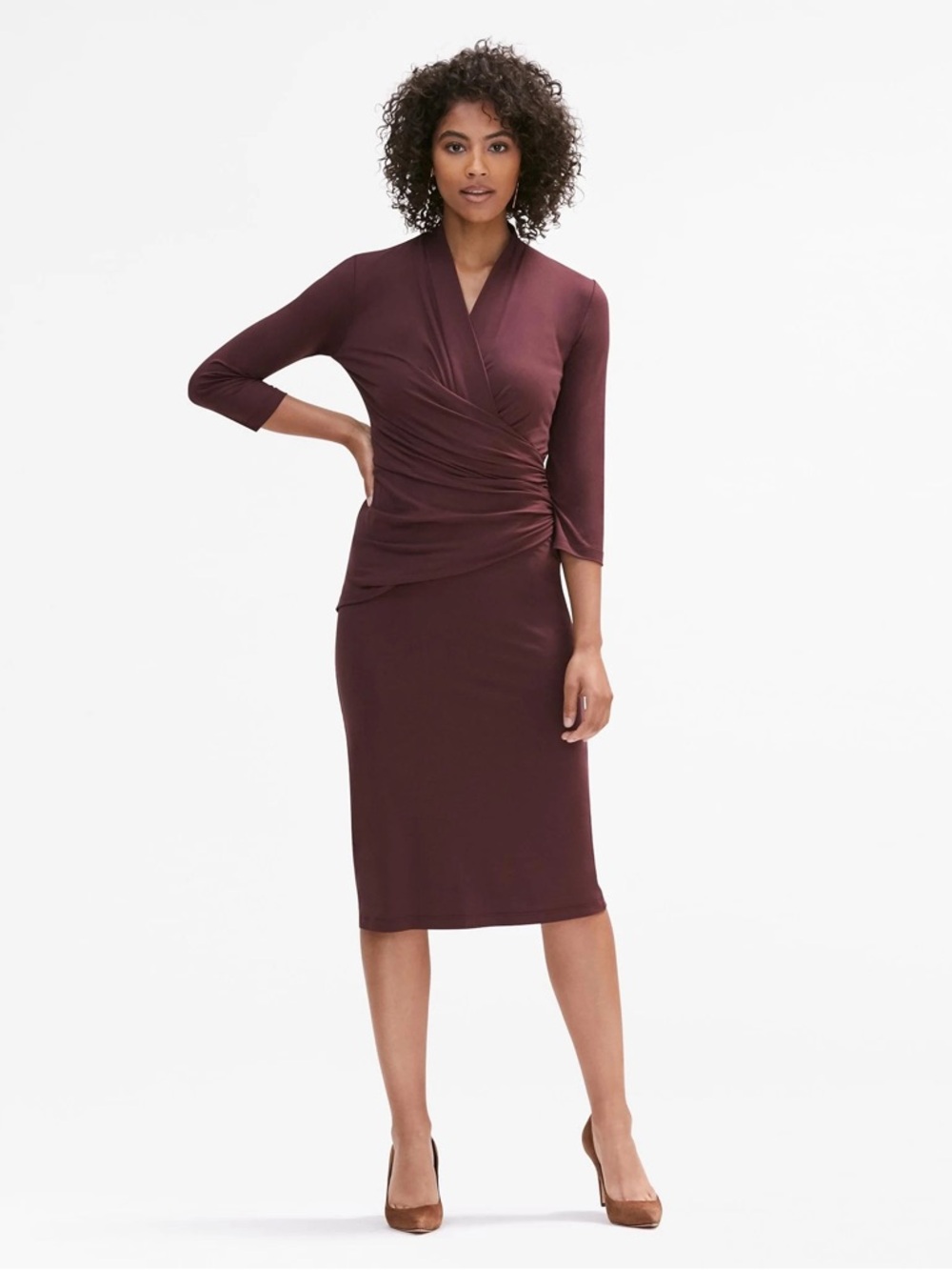 M.M. Lafleur || Casey Faux Wrap Dress‎ Ruched Stretch in Burgundy Raisin Small